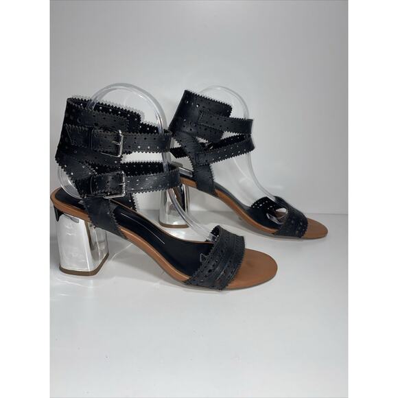 $169 DOLCE VITA ELKA Sz 8.5 Black Perforated Leather Designer Bloc Heels Sandals - Picture 7 of 12